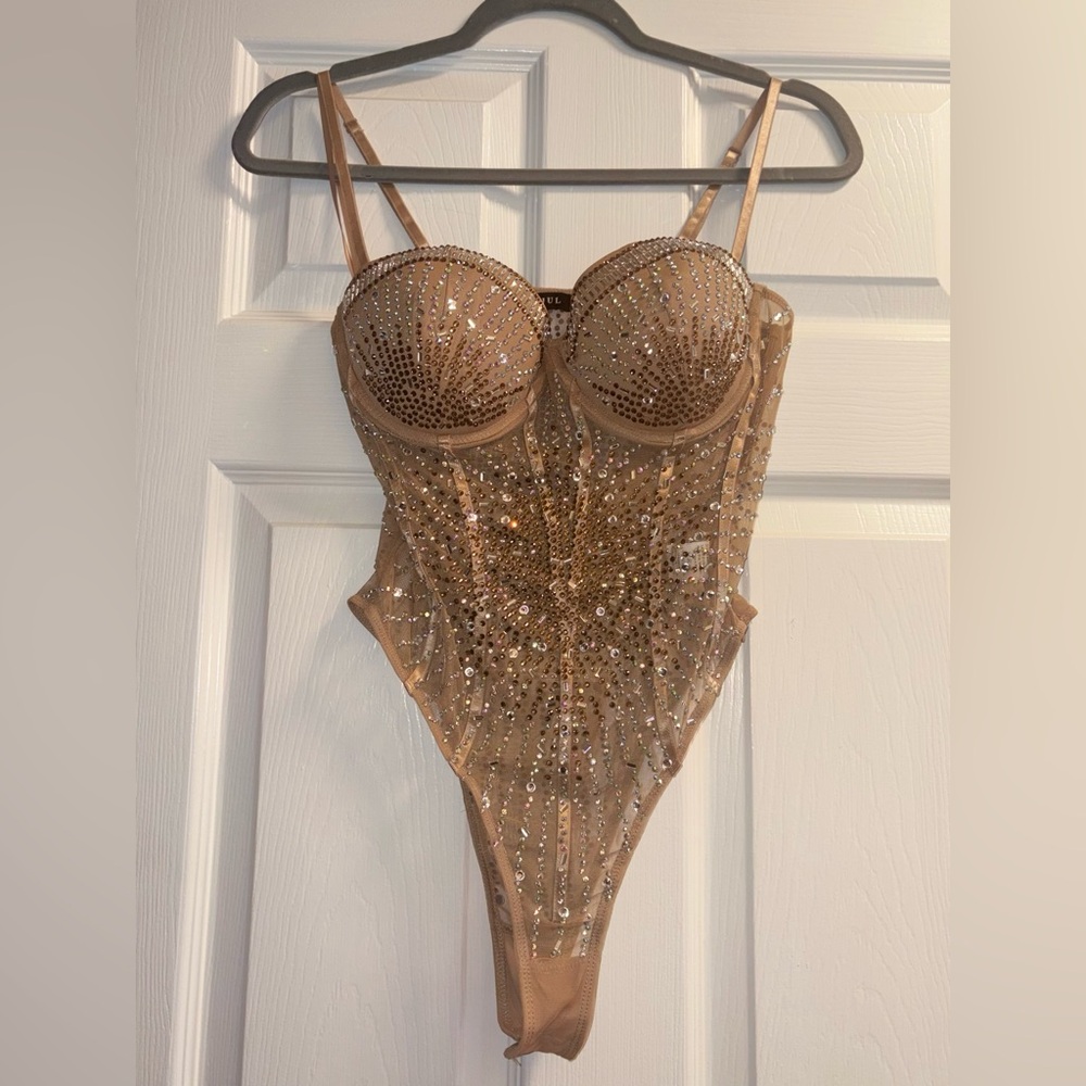 Exquisite Rhinestone Gold Bodysuit